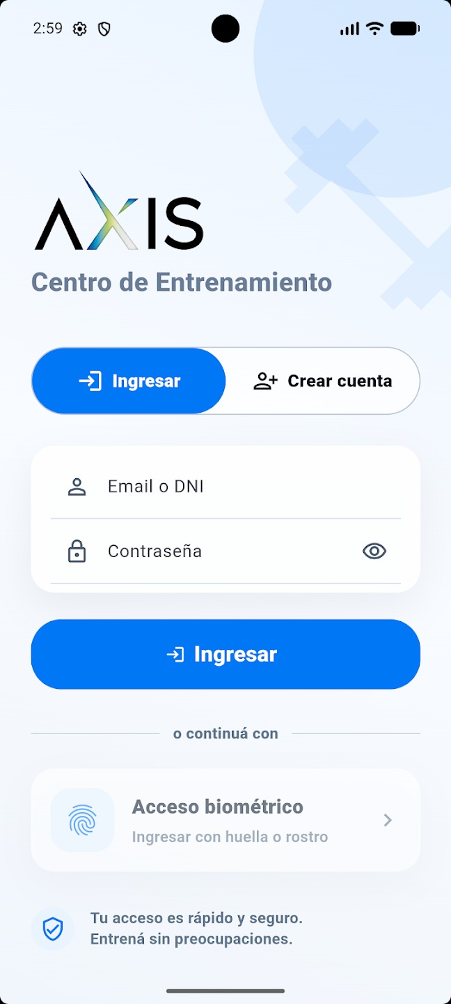 Pantalla real de ingreso a la app Axis