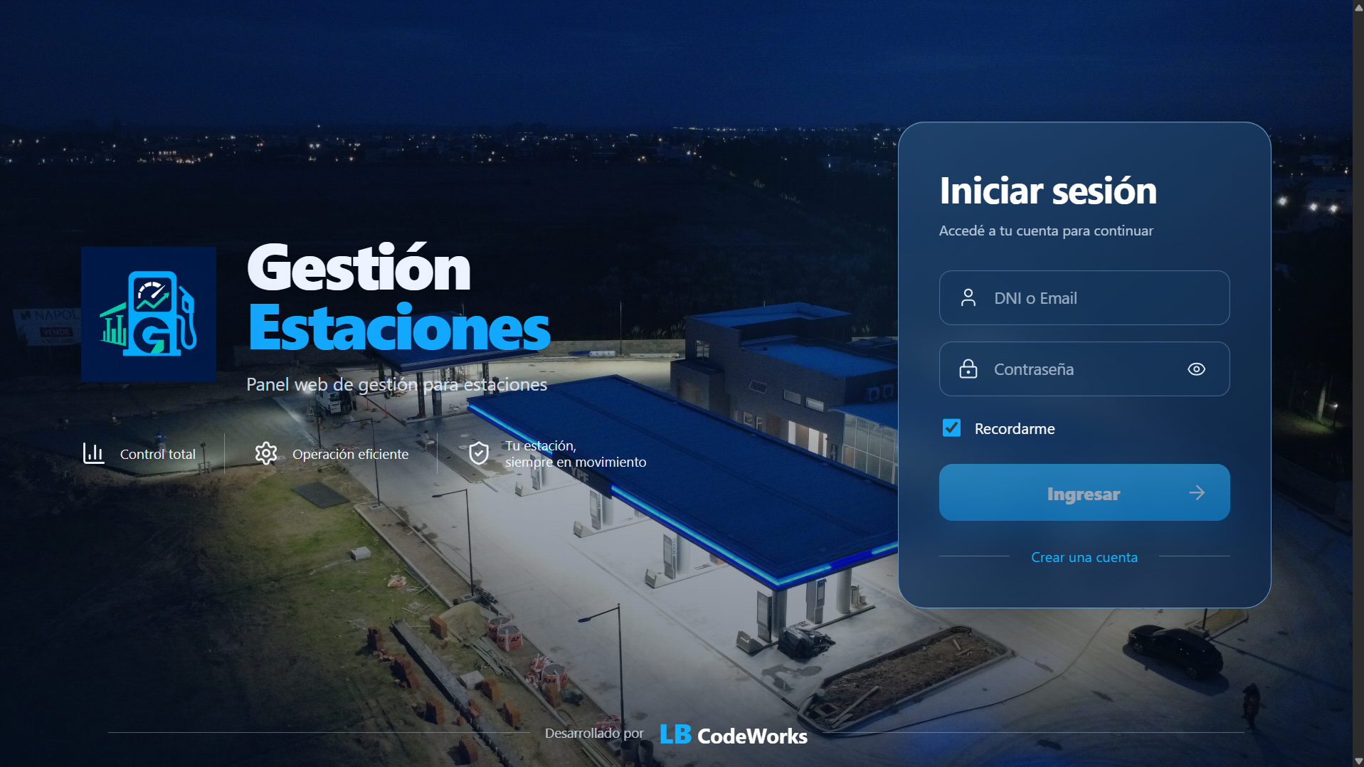 Pantalla de acceso de la web Gestión Estaciones desarrollada por LB CodeWorks