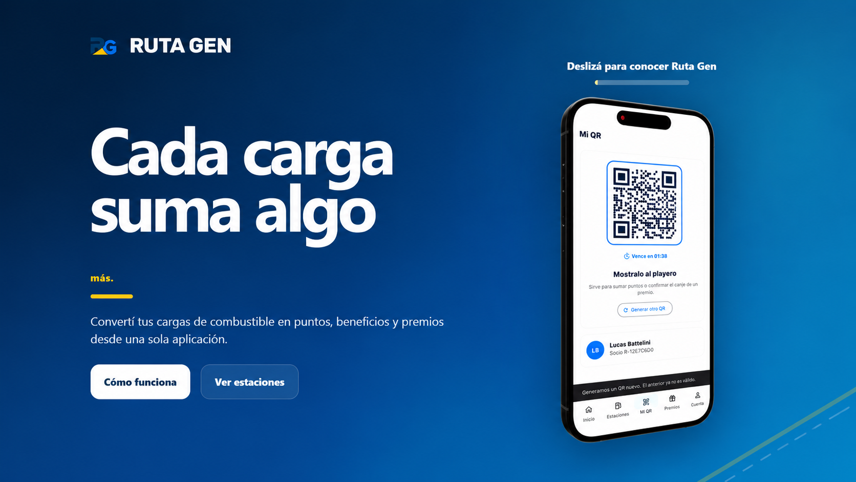 Web de Ruta GEN: cada carga suma, con vista de la app y QR